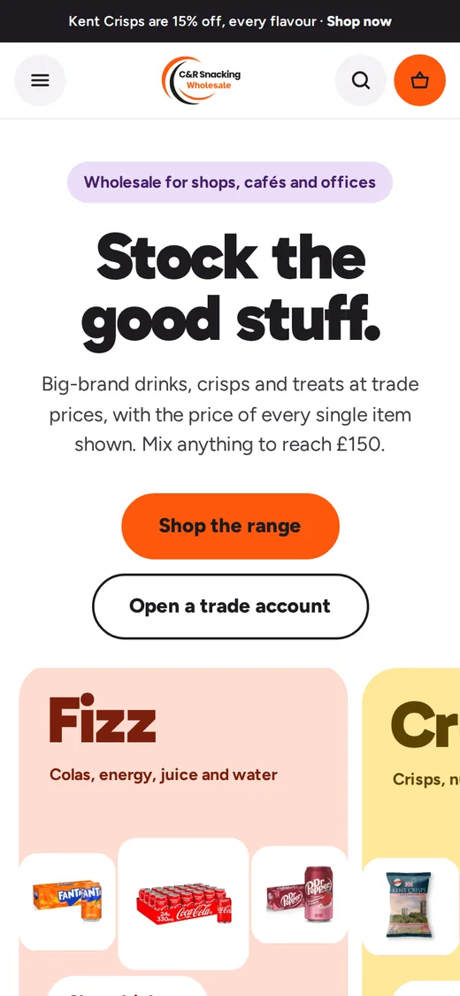 The C&R Snacking Wholesale Shopify store on a phone