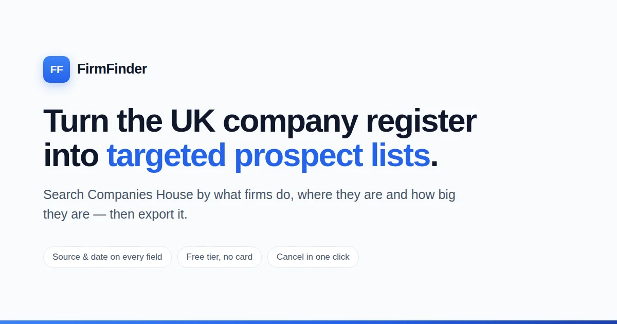 FirmFinder marketing card: turn the UK company register into targeted prospect lists