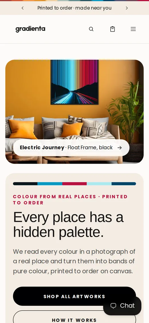 Homepage of the Gradienta Shopify store on a phone